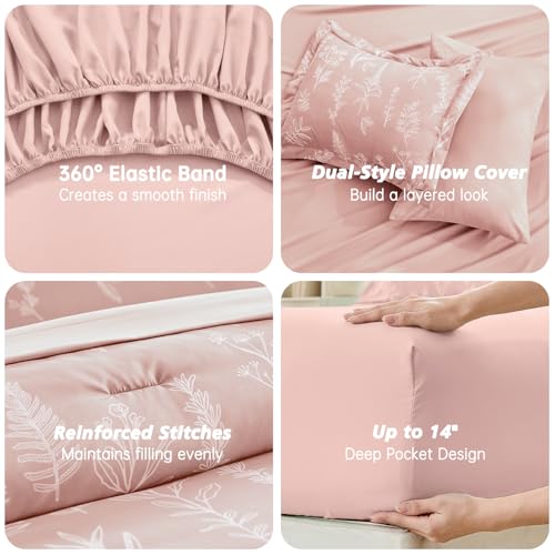 Image of MUXHOMO Oversized King Comforter Set, Cameo Pink Elegant Floral Print Bed in a Bag 7 Pieces, Soft & Breathable Reversible Botanical Pattern Bedding Set with Comforter, Sheets, Pillowcases & Shams