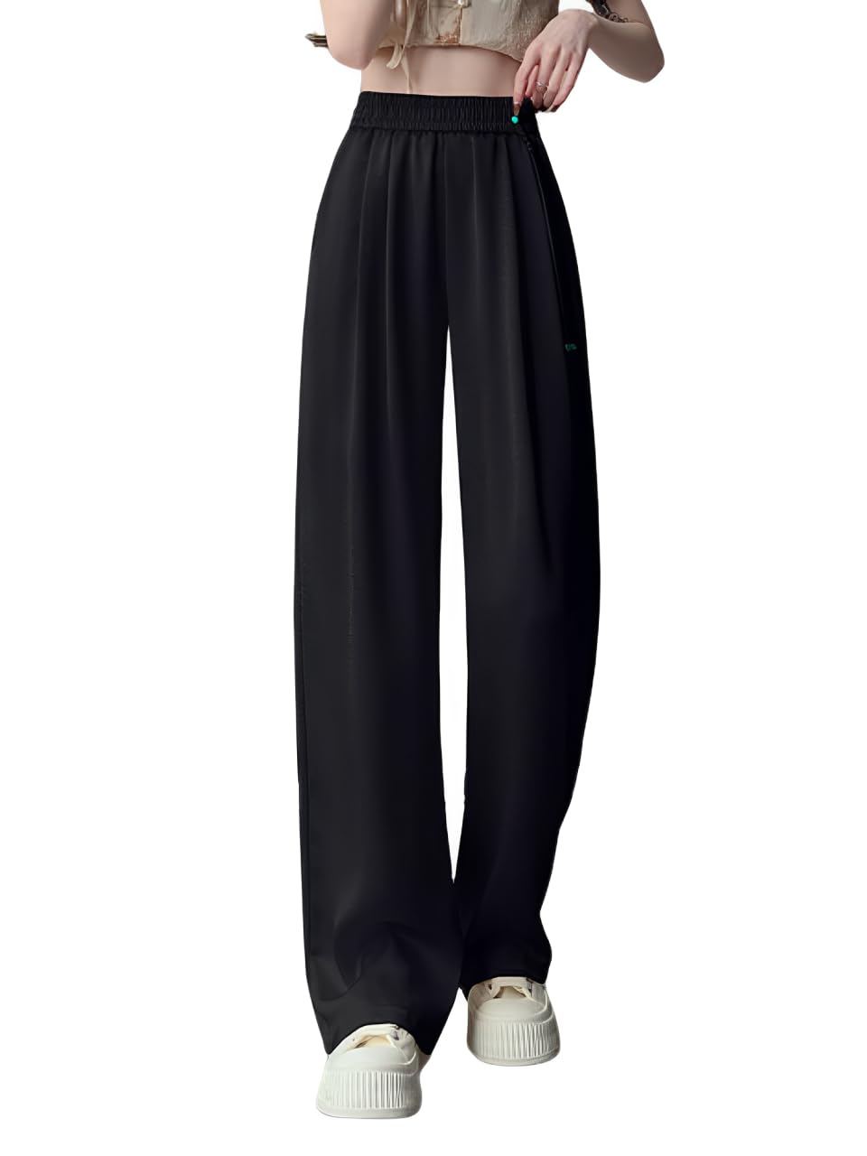 ZAFUL Womens Straight Leg Pants Elastic High Waist Loose Pants Casual Satin Jacquard Pants