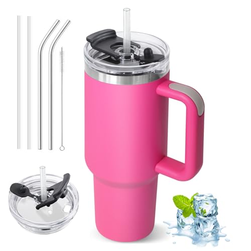 ZAKVOP Taza Termo cafe para Llevar, Taza Termica 1200ml con Tapa y Pajitas, Vaso Termico con Asa, Tumbler para Frío y Caliente, Travel Mug con Tapa Multifunción (Rosa Rojizo)