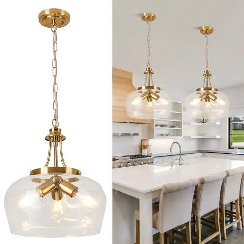 Image of Modern Pendant Lights Kitchen Island, 3-Light Brushed Gold Pendant Light Fixtures with 14.2 inch Clear Glass Shade, Industrial Hanging Pendant Lights Fixture for Kitchen Island Dining Room Entryway Foyer