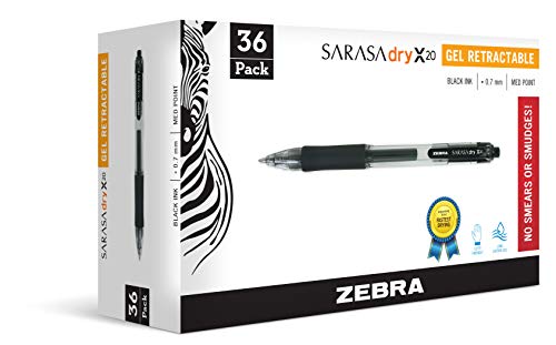 Stylo gel noir Zebra Sarasa 0.7 mm rétractable pour une écriture fluide en lot de 36