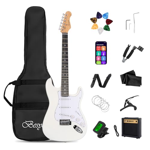 Besyou 39 Inches Full Size Electric Guitar Beginner Electric Guitar Kits with 10W Amp Classic SSS Pickup Complete with Gig Bag Tuner Capo Strap Picks Guitar String Winders White