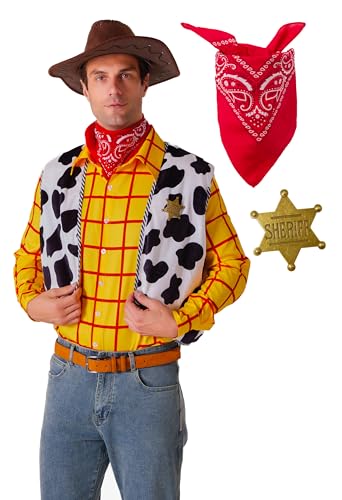 Image of Cowboy Costume for Men with Plaid Shirt, Vest, Neckerchief & Gold Star Metal Badge - Western Outfit for Halloween and Parties