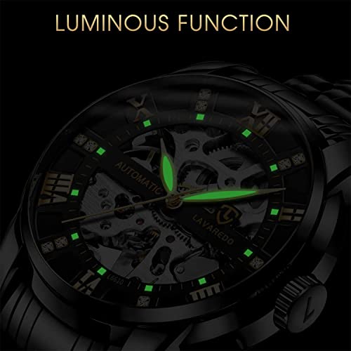 A Alps Mens Watch Skeleton Luxury Mechanical Stainless Steel Waterproof Black Automatic Self-Winding Roman Numerals Diamond Dial Wrist Watch #TOP4