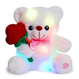 BSTAOFY Light up White Teddy Bear LED Stuffed Animal with Rose Soft Nightlight Glow Bear Plush Toy Gifts for Kids Mom Girls Birthday Christmas Valentine‘s Day, 8' (Red)