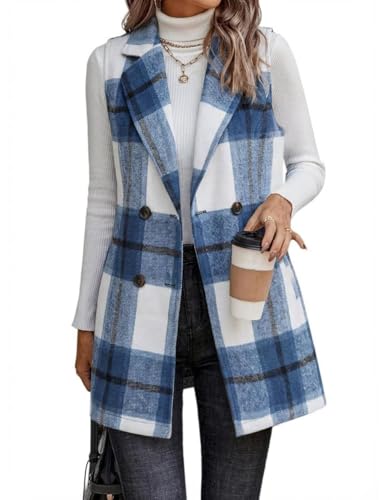 IDEALSANXUN Plaid Vest for Women 2026 Fall Jackets Winter Coats Business Casual Sleeveless Tweed Blazer Trench Coat Waistcoat Tops, Navy, L