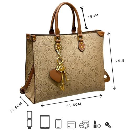 Image of Women's Tote Bag Elegant Multi-Pocket Handbag with Heart Pendant, Spacious & Stylish for Work, Travel & Daily Use