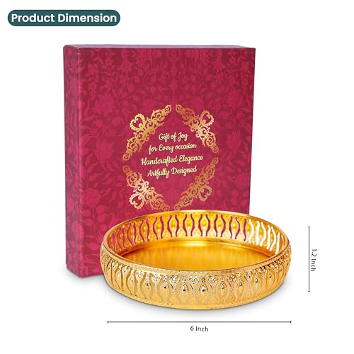Image of R Ayurveda Copper German Silver Golden Tray (6-Inch) - Decorative Gift for Diwali, Wedding, Anniversary & Festivals | Includes Gift Box for Wedding,Housewarming,Birthday,Gathering retrun Gift