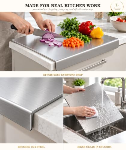 Image of True Decor Stainless Steel Chopping Board for Kitchen - Large Heavy Duty Cutting Board with Lipped Edge | Double-Sided Metal Vegetable Chopper Board | Rust-Proof Silver Countertop Board