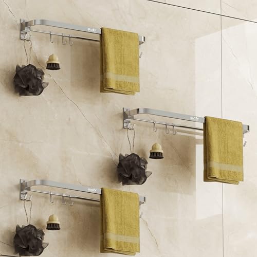 Image of GLOXY Premium Towel Hanger for Bathroom Combo Pack of 3 - Chrome Finish 24 Inch Stainless Steel Towel Holder in Bathroom - Wall Mount Towel Rod for Bathroom with Hooks to Keep Towels Well Organised