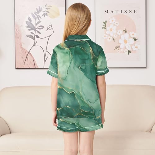 senya Pajama Sets Silky Button Down Nightwear Sleepwear Size 5-14 Years Green Marble4