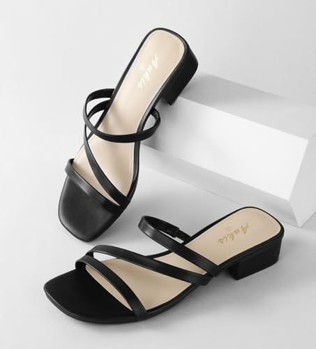 Image of Ankis Black Nude White Strappy Heels Women 1 Inch Low Chunky Block Heel Heeled Sandals Square Open Toe Slip On Slides Mules