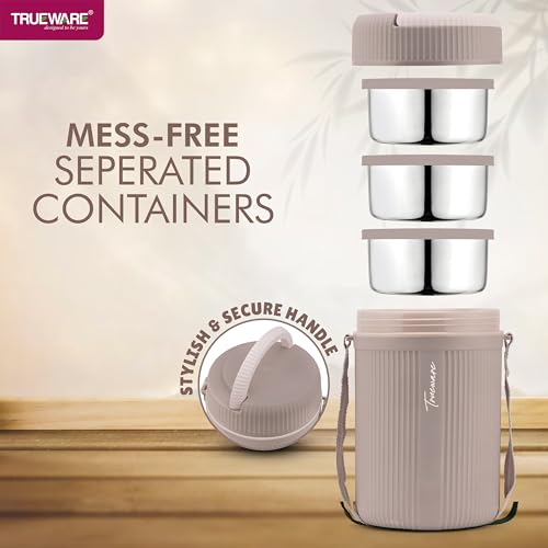 Image of Trueware Stainless Steel, Plastic GRUB 3 Double Wall Insulated Hot Lunch Box with 3 SS Container 300 ML Each | Bpa Free | Food Grade | Hot and Fresh (LBI-GRB-003-Peach BAZ)