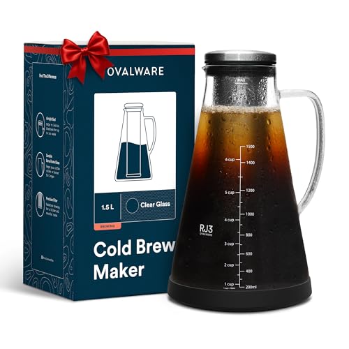 OVALWARE Airtight Cold Brew Iced Coffee Maker Pitcher (& Iced Tea Maker) with Spout – 1.5L/ 51oz Brewing Glass Carafe with Removable Stainless Steel Filter