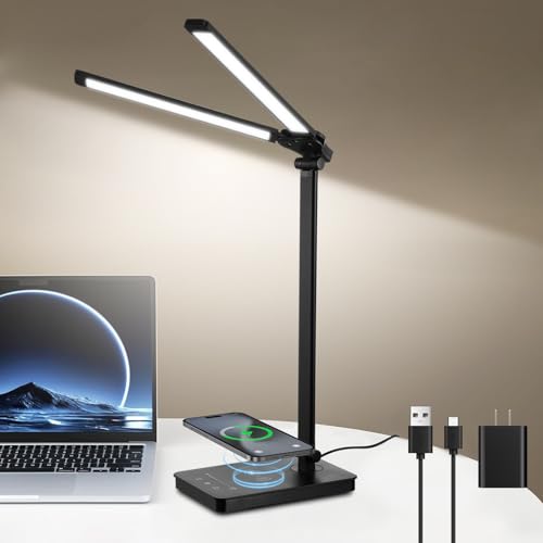 Consejos para Comprar Lamparas para oficina que Puedes Comprar On-line. 47 Lámpara de Escritorio LED con Doble Cabezal Ajustable, 5 Modos de Color y 10 Niveles de Brillo, Incluye Carga Inalámbrica para Celular y Control Táctil para Oficina, Hogar,...