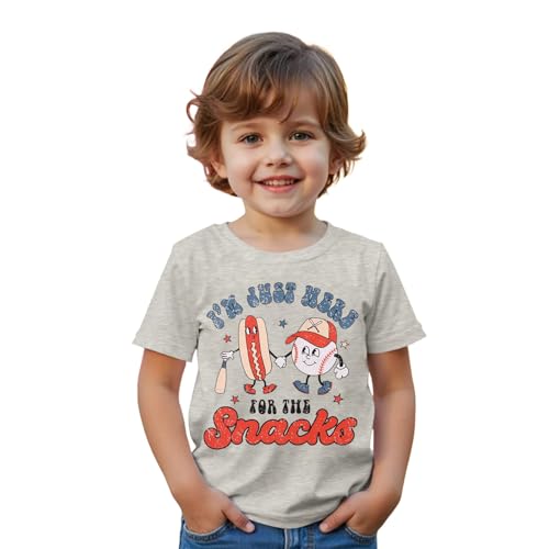Toddler Boy Baseball Shirt I'm Just Here for The Snacks T Shirt Funny Hot Dog Graphic Tee Short Sleeve Summer Tops(Gray,2-3T(90))