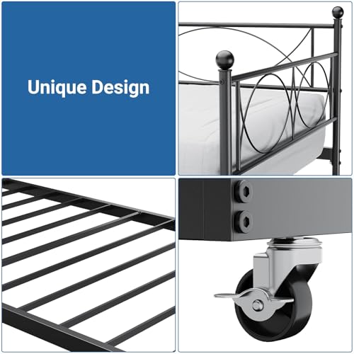 ElfinAura Twin Size Metal Daybed with Trundle - Black Steel Frame Daybed with Pull-Out Bed, Headboard & Steel Slat Support, No Box Spring Needed, for Living Room, Bedroom or Guest Room.