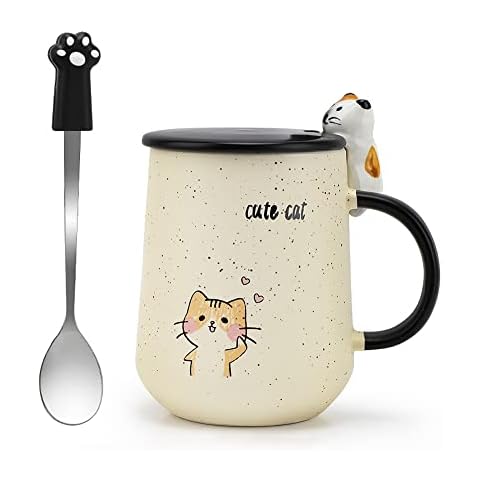 KIPIDA Cat cups, coffee mugs, ceramic milk cup, with lid and spoon, morning cup tea glasses, gift for morning drink and weddings, birthdays, Mother's Day Cover
