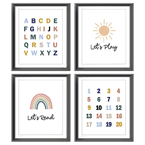 Let’s Play Let’s Read Alphabets Numbers Educational Poster Prints For Home Kids Baby Room Playroom Nursery Classroom Decor,Boho Sun Rainbow Art Decorations Prints Wall Art Unframed 4Pcs 8X10Inches #TOP8