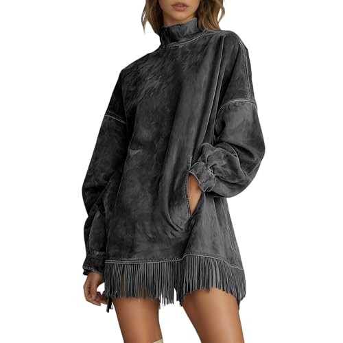 Generisch Damen Westernkleid in Wildleder-Optik Figurbetontes Midikleid mit Tasche Wildlederkleid Retro Abgenutztes Design Pulloverkleid Fransen...