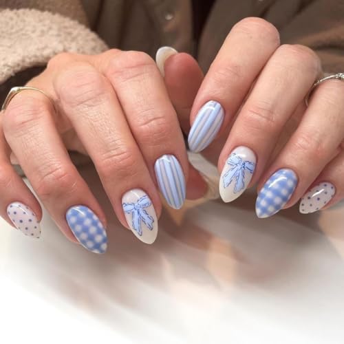 Blue Press on Nails with Polka Dot, Checkered & Bow Design, 24PCS...