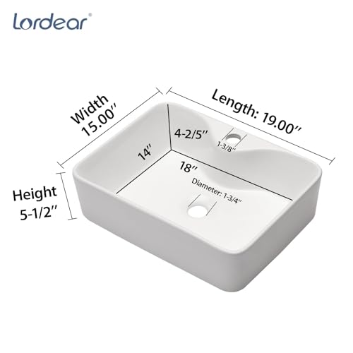 Lordear Bathroom Vessel Sink 19"x15" Rectangle Sink Above Counter White Porcelain Ceramic Modern Vanity Sinks Art Basin with Faucet Hole Black Faucet and Black Pop-Up Drain for Bathroom