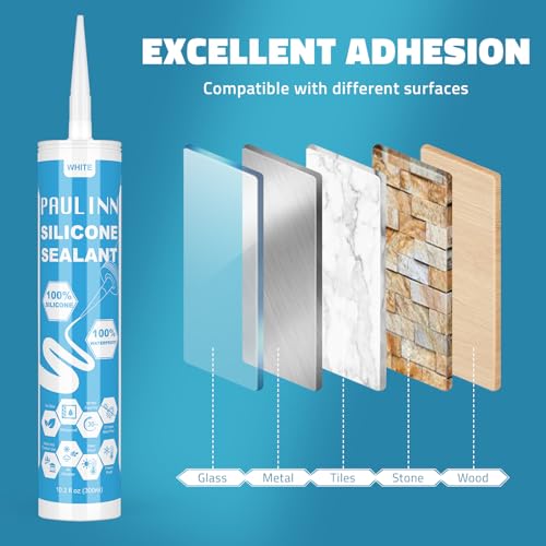 Image of PAULINN 4 Pack White Silicone Caulk Waterproof 100% Silicone Caulk for Kitchen & Bathroom