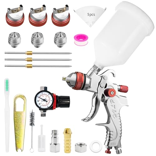 HVLP Professionnel Pistolet à Peinture avec 3 Buses 1,4/1,7/2,0mm Coupelle 600cc Alimentation par Gravité kit de pulvérisation, HVLP Meubles de Voiture Pistolet de réparation (Rouge)