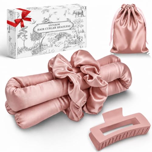 EnteromMuse Heatless Curls Overnight Satin Curling Set No Heat Hair Curler for Long & Short Hair Heatless Curling Rod&Rollers for Soft Bouncy Curls Complete Kit with Storage Bag(Pink Original)