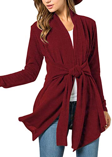 Women's Long Sleeve Fuzzy Cotton Kimono Wrap Tie Waist Open Front Casual Cardigan Maroon XL