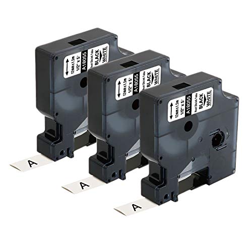 3 Pack of DYMO Compatible Industrial Flexible Nylon Label Tape 18055 1/2" for use with DYMO Industrial Rhino 4200 5200 5000 6000 Labeler, Black on White