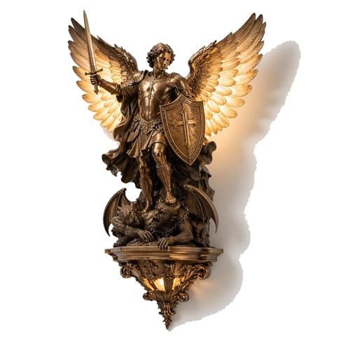 Lámpara de pared del Arcángel Miguel - Aplique de resina de 20 cm, luz gótica de ángel, decoración LED medieval para dormitorio, sala de estar y pasillo. Un regalo ideal para los amantes (Archangel)