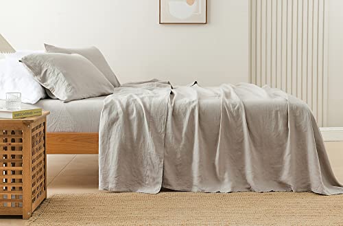 100% French Linen Sheet Set California King Size, Stone Washed Pure Linen Bed Sheet Set, 4 Pcs Breathable Natural Flax Linen Sheets - 1 Deep Pocket Fitted Sheet, 1 Flat Sheet, 2 Pillowcases #TOP5