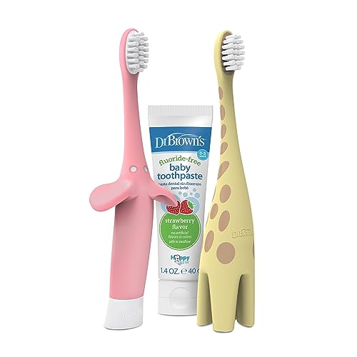Image of Variety Pack: Dr. Brown's Infant to Toddler Giraffe and Pink Elephant Toothbrushes with Baby Toothpaste, Strawberry 1.4oz