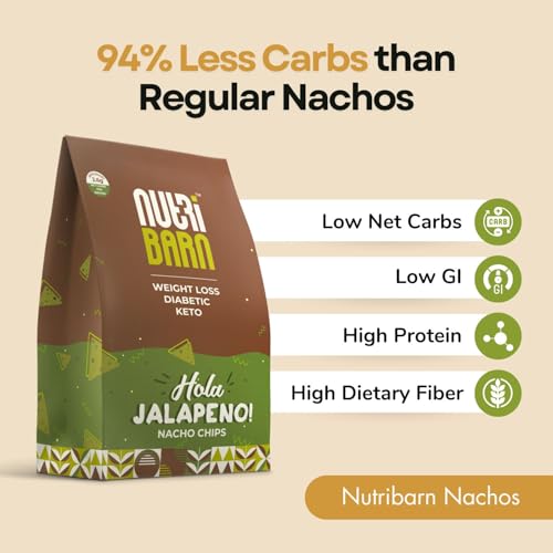 Nutribarn High Protein Low Carb Jalapeno Nachos 60 Gms | 25% Protein | 1.7g Net Carbs | Lab Tested Low GI 19 | Diabetic Friendly, Weight Management Nacho Chips | 60g (1 Pack)