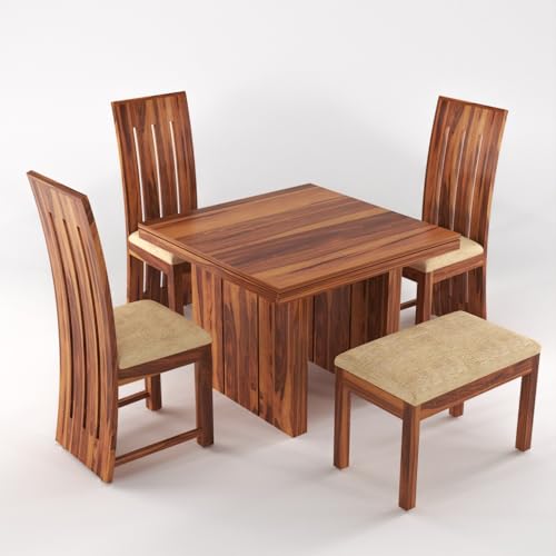 Image of Solid Sheesham Wood Dining Room Sets 4 Seater Dining Table with 3 Chairs & 1 Bench for Dining Room, Living Room, Kitchen, Hotel, Restaurant, Cafeteria (Estra, Honey Finish)