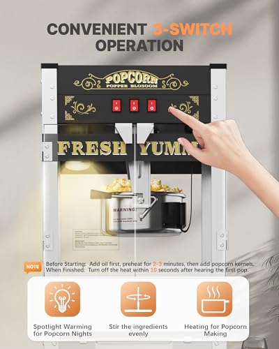 Image of 20 oz Commercial Popcorn Machine Cart, Upgraded Popcorn Maker Machine with Stainless-Steel Kettle Makes Up to 80 Cups, Movie Theater Pop Corn Machine with 3-Switch Control, Black