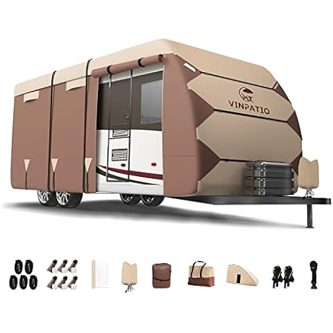 VINPATIO Oxford Fabric Travel Trailer RV Cover, Toy Hauler Cover Fits 22'-24' RV Heavy Duty 300D Ripstop Anti-UV Waterproof Windproof Camper Cover with Tongue Jack Cover, Extra Windproof Ropes Cover