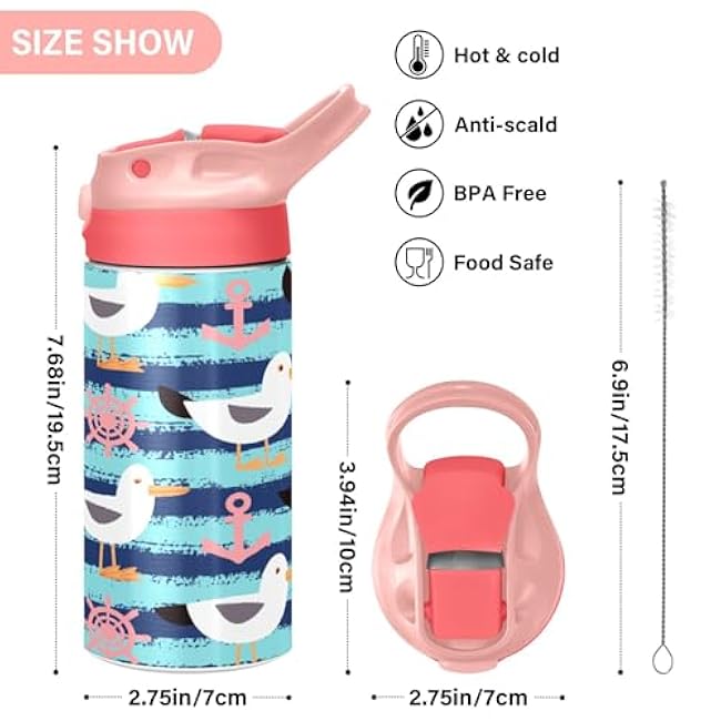 Kigai Seagulls Stripes Kids Water Bottle with Straw Lid for Girls Boys, Insulated Stainless Steel Water Bottles with Straw Lid for School Travel Camping Hiking, 12oz