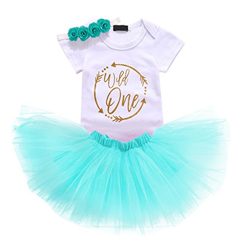 Baby Girls 3PCS Wild One Glitter 1st Birthday Outfit Unicorn Short Sleeve Romper with Tutu Skirt and Headband Set
