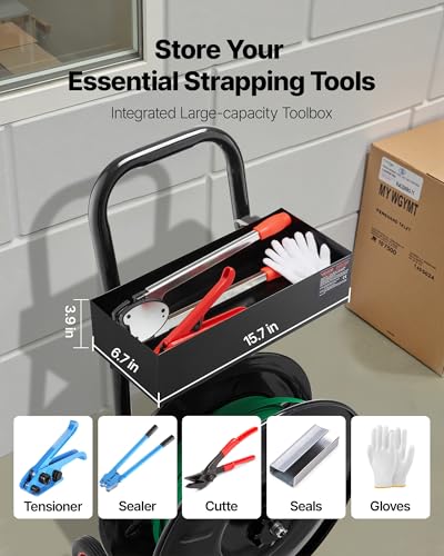 Image of VEVOR Banding Strapping Cart, Fit for PET /PP /Polyester Strapping Coils with 8 inches Core Size, Heavy Duty Strapping Dispenser Equipped with Upgrade Brake System, Built-in Spacious Tray for Tools
