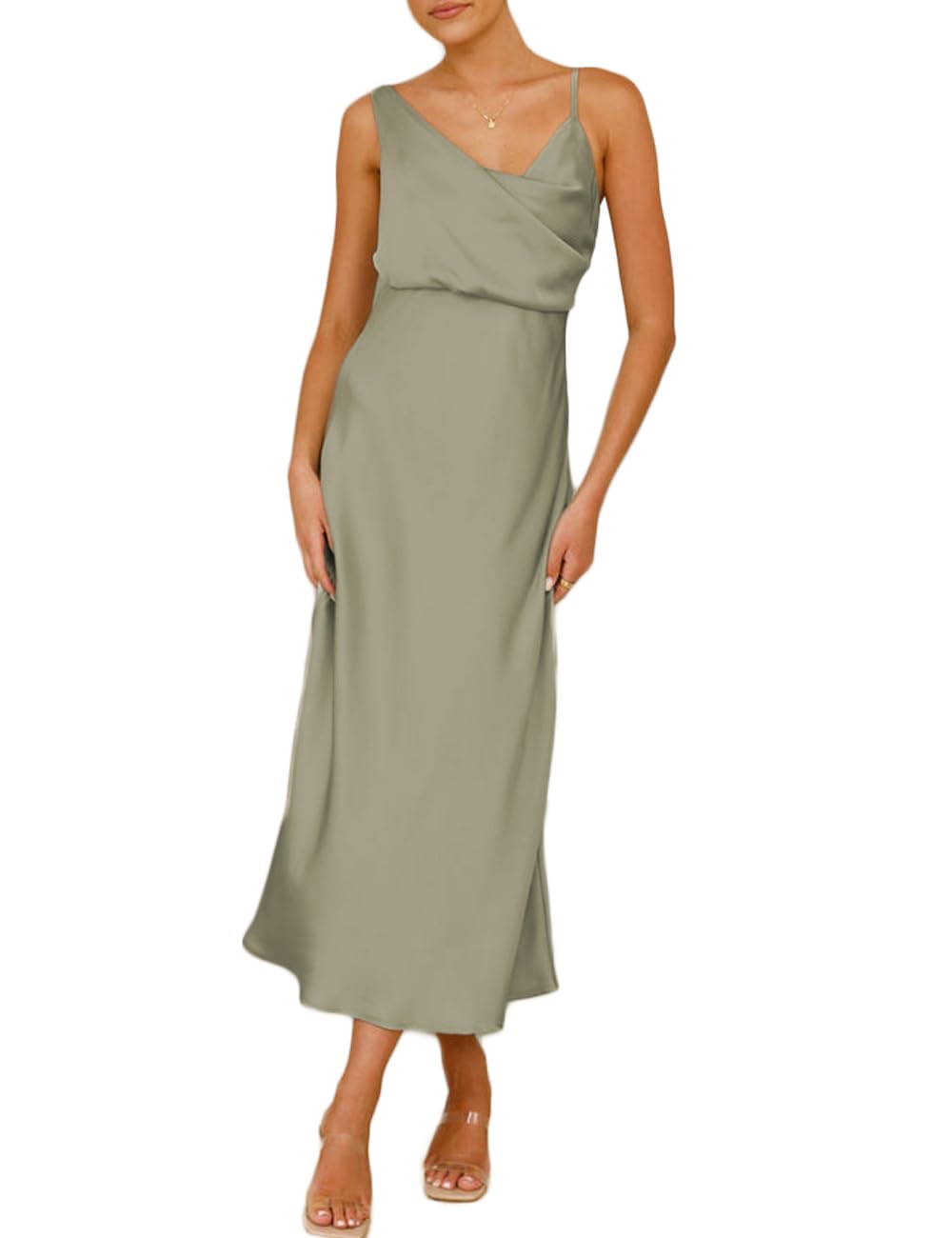 Summer Satin Cowl Neck Midi Dress for Women 2026 Elegant Formal Silk Spaghetti Strap Backless Wedding Guest Dresses