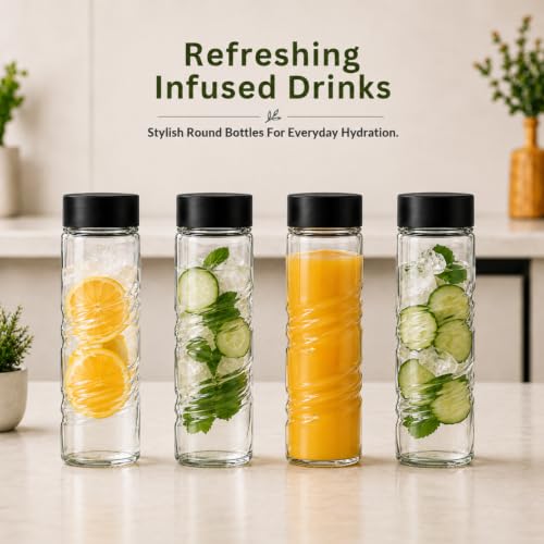 Image of Ash & Roh Round Glass Water Bottle with Lid, Transparent Wide Mouth Juice Bottle for Fridge, Office, School & Everyday Hydration Reusable for Daily Use