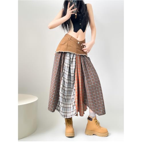 Women High Waisted Plaid Midi Skirts Patchwork Long Jeans Skirts3