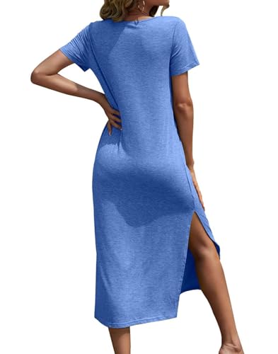 Image of Dyexces Women Summer T Shirt Dress Casual Short Sleeve V Neck Maxi Dresses Loose Side Slit Long Tshirt Dress with Pockets