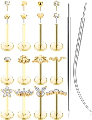 Tornito Push in Stud Earring 14K Gold Filled Threadless Flat Back Earrings Stainless Steel Nose Rings Studs Cartilage Helix Conch Tragus Lip Labret Nostril Piercing for Women 6mm 8mm Gold Silver Tone