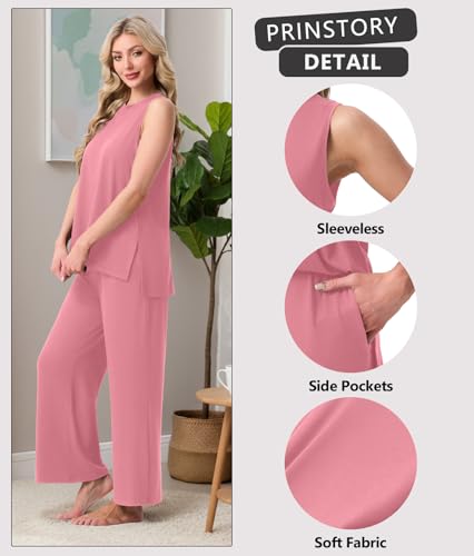 Image of PrinStory Womens Pajamas Sets 2 Piece Soft Pjs for Women Sleeveless Pajama Set Summer Loungewear with Pockets