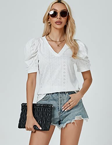 Blooming Jelly Womens Dressy Casual Tops Puff Short Sleeve V Neck Blouses Cute Summer Eyelet T Shirts #TOP5
