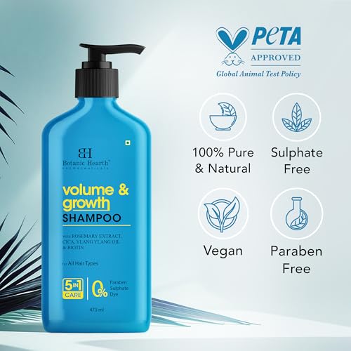 Image of Botanic Hearth Volume & Growth Shampoo with Biotin & Ylang Ylang Oil | Thickens & Strengthens Hair | Hydrating & Fortifying Formula with Cica & Rosemary Water| Sulfate & Paraben Free, 473ml