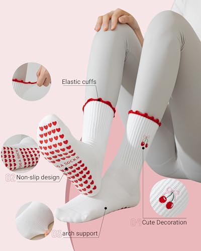 Image of 3 Pairs Pilates Socks with Grips for Women Non Slip Grip Ruffle Yoga Ankle Grippy Socks